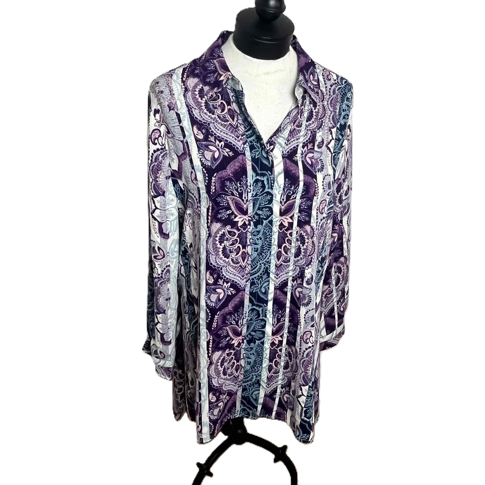 Chicos Purple White Paisley Button Front Long Sleeve‎ Top Blouse US 12 14